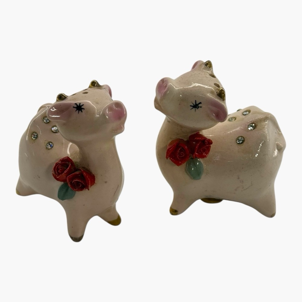 VTG 1950s Napco Japan Cow Salt & Pepper Shaker Set Pink Roses Glam Kitsch